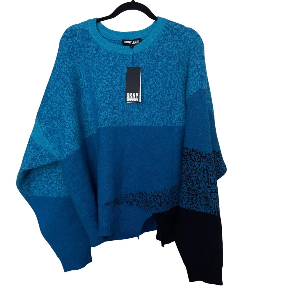 DKNY Jeans Blue Electric Black Color Block Sweater XL Oversized Sleeves NWT